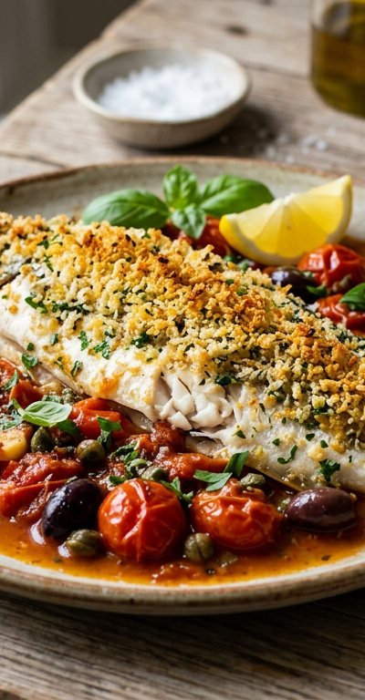 Branzino Puttanesca with Crispy Breadcrumb Topping