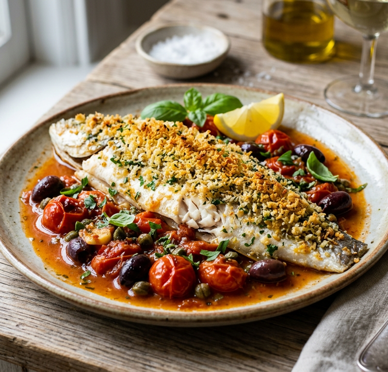 Branzino Puttanesca with Crispy Breadcrumb Topping