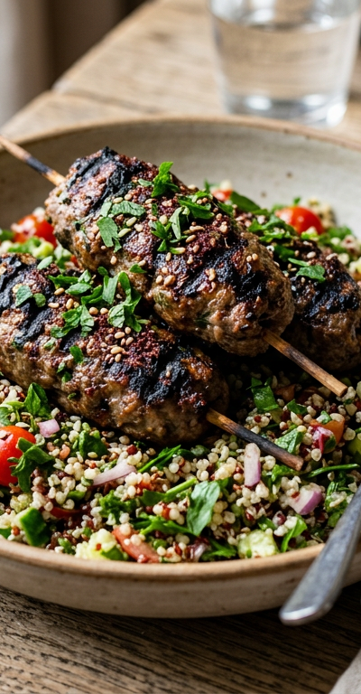 Grilled Lamb Kofta over Quinoa Tabbouleh