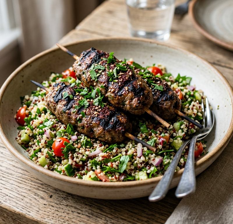 Grilled Lamb Kofta over Quinoa Tabbouleh