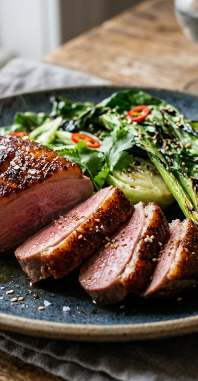Pan-Seared Duck Breast with Five-Spice and Charred Baby Bok Choy