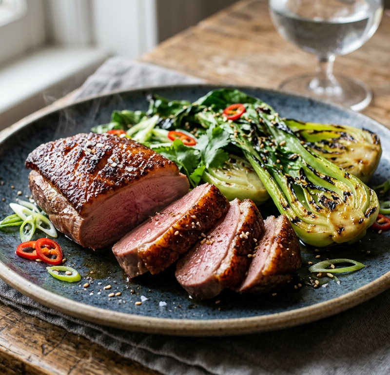 Pan-Seared Duck Breast with Five-Spice and Charred Baby Bok Choy
