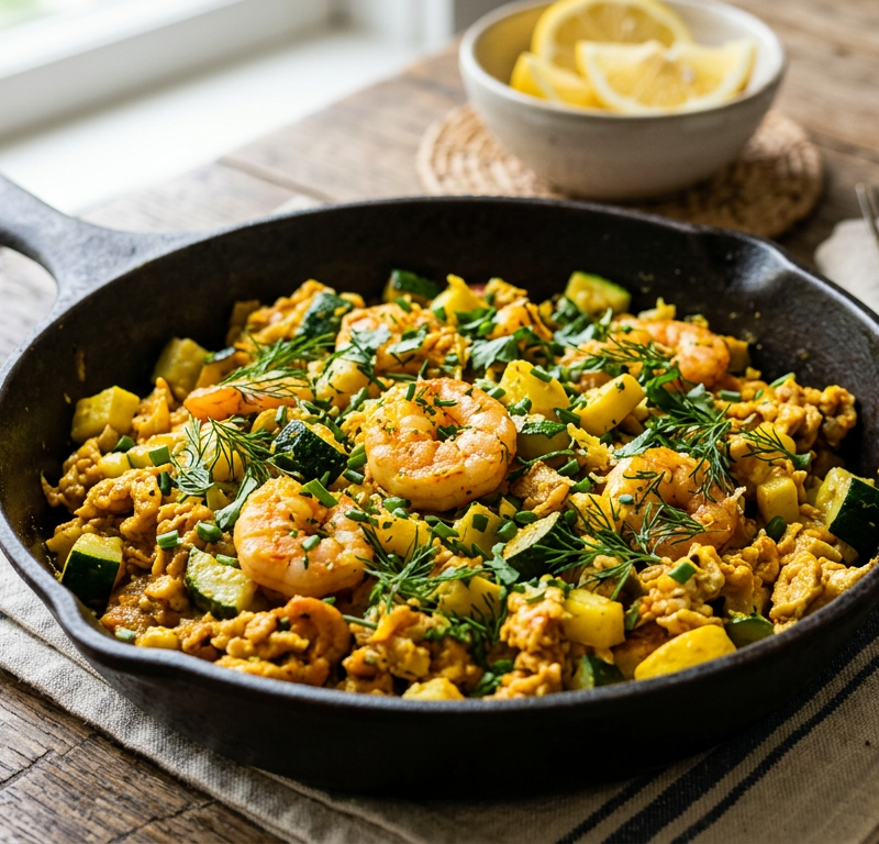 Smoky Turmeric Shrimp and Zucchini Skillet Scramble