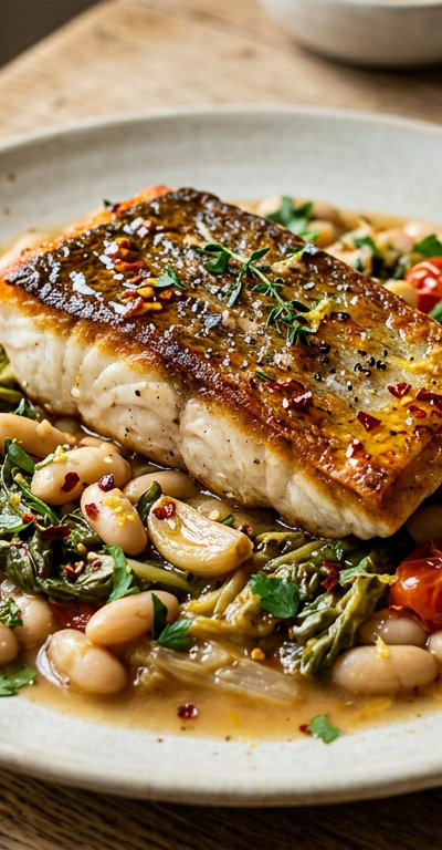 Crispy-Skinned Fish with Cannellini, Escarole and Hot Honey