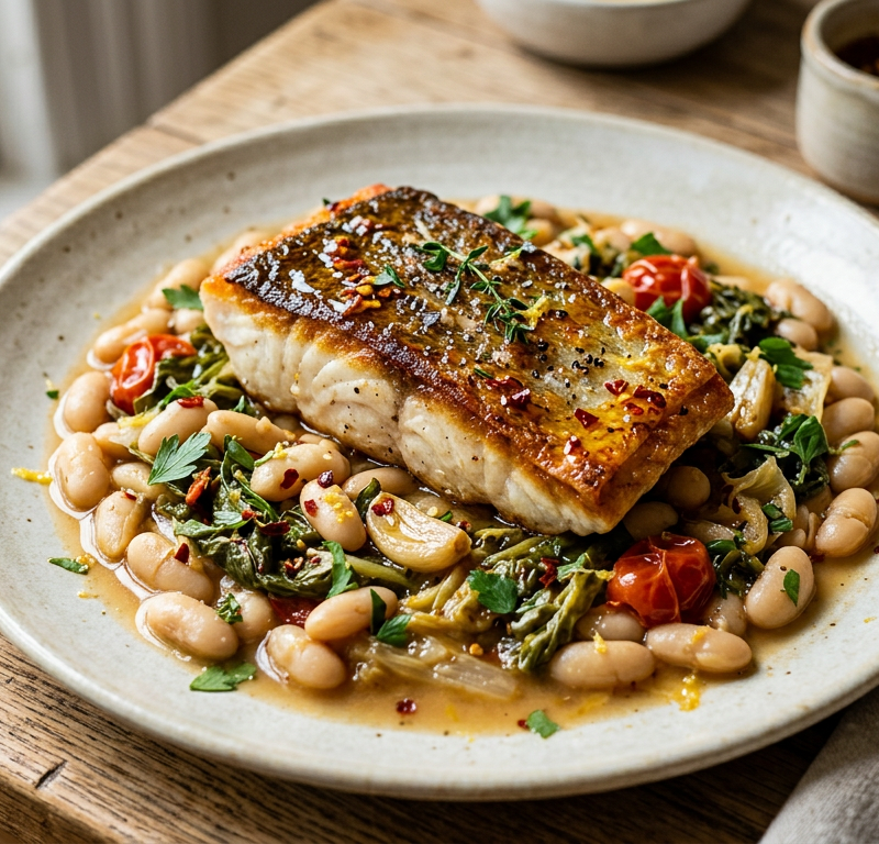 Crispy-Skinned Fish with Cannellini, Escarole and Hot Honey