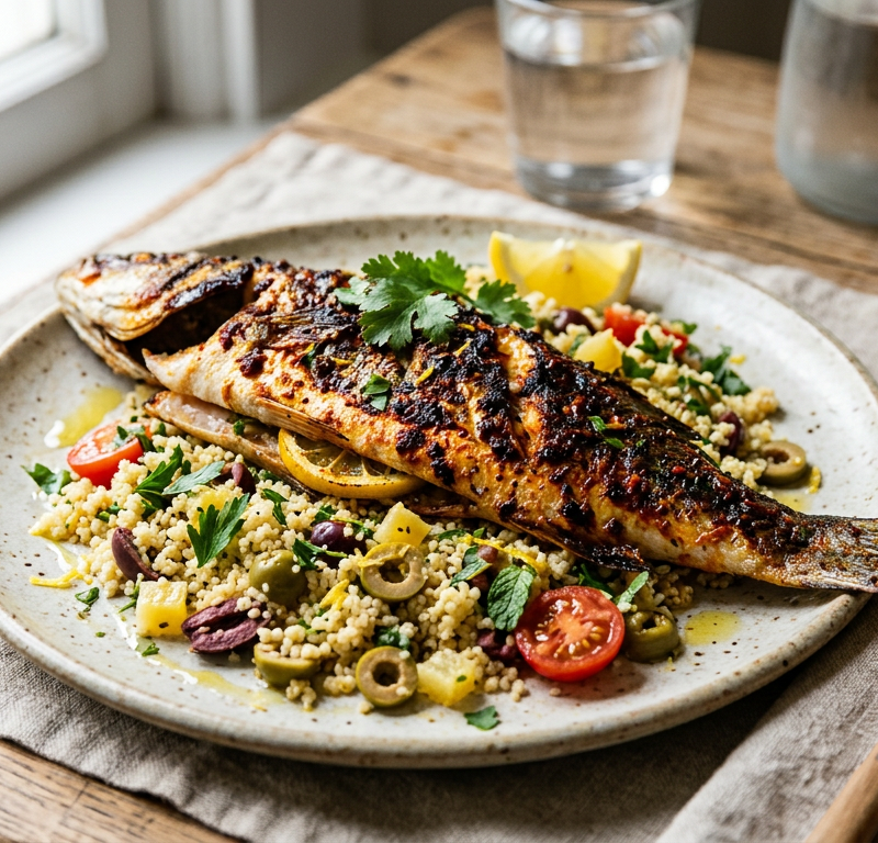 20-Minute Harissa-Rubbed Branzino with Warm Olive and Preserved Lemon Couscous