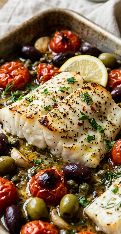 Sheet-Pan White Fish with Cherry Tomatoes, Olives and Capers