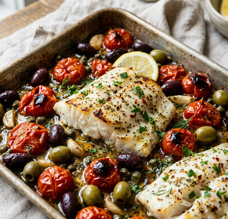 Sheet-Pan White Fish with Cherry Tomatoes, Olives and Capers