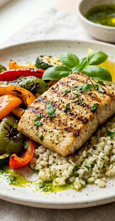 Grilled Mahi-Mahi with Charred Bell Peppers and Basil Oil over Cauliflower Rice