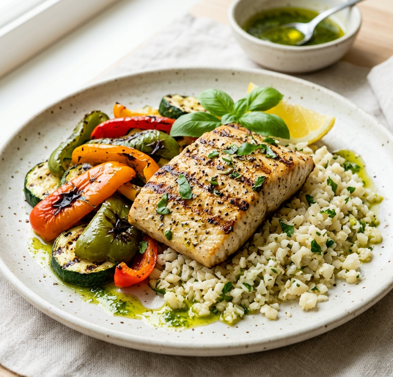 Grilled Mahi-Mahi with Charred Bell Peppers and Basil Oil over Cauliflower Rice