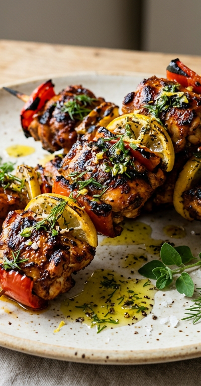 Cajun Spiced Chicken Skewers with Greek Lemon Oil