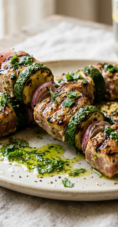 Greek Tuna Skewers with Charred Zucchini and Mint Oil