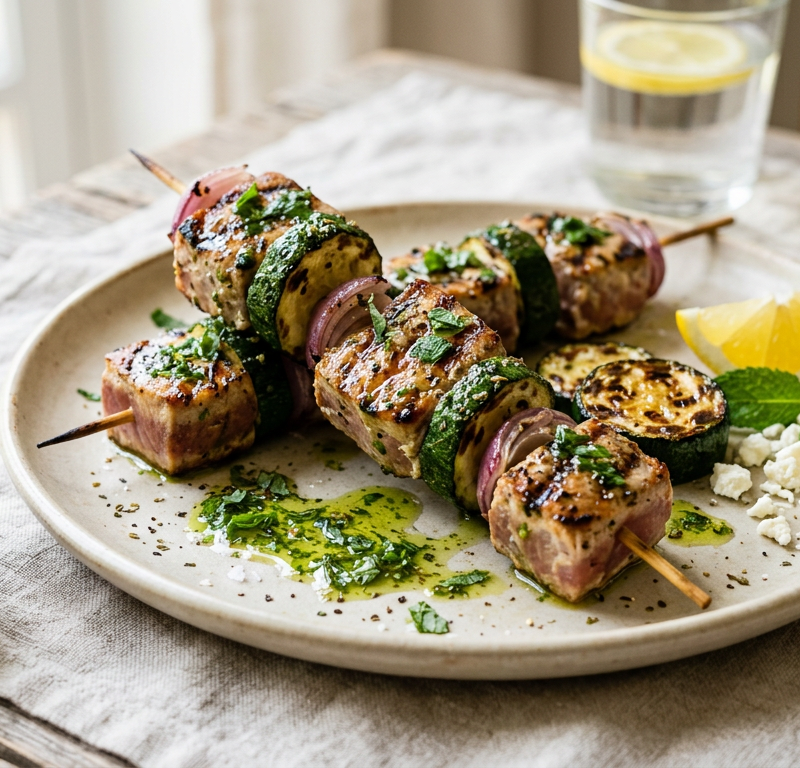Greek Tuna Skewers with Charred Zucchini and Mint Oil