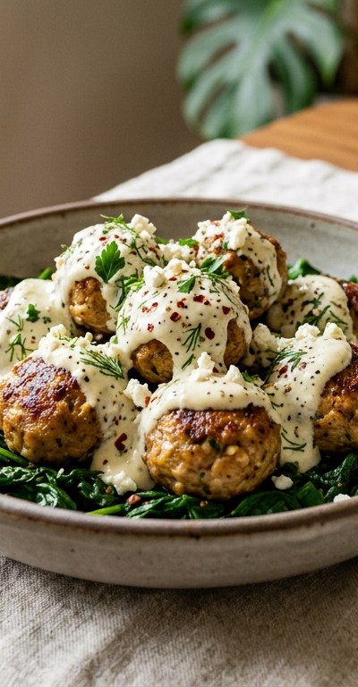 Spiced Garlic Turkey Meatballs with Lemon-Feta Yogurt Sauce