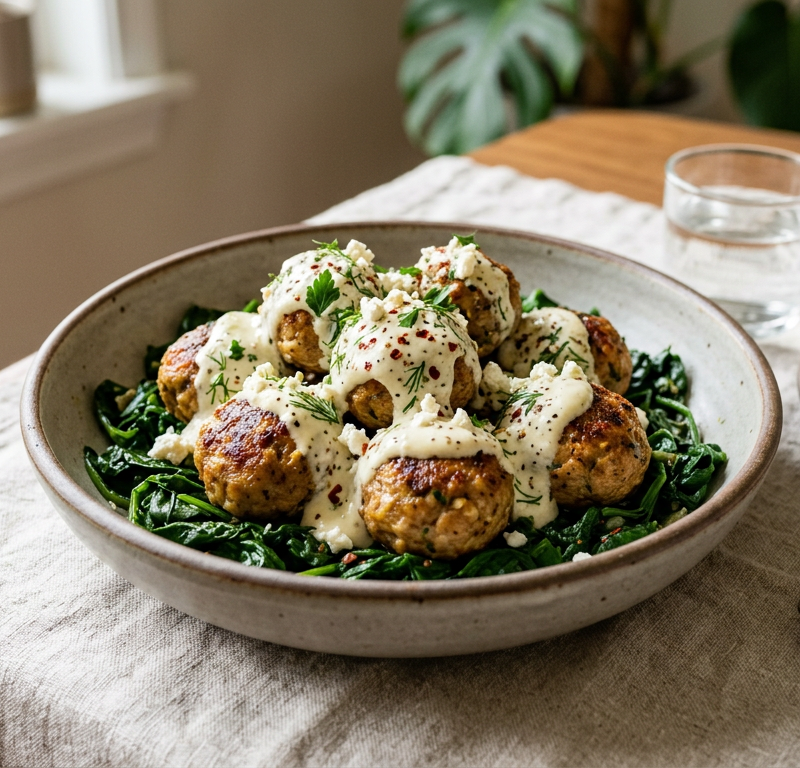 Spiced Garlic Turkey Meatballs with Lemon-Feta Yogurt Sauce