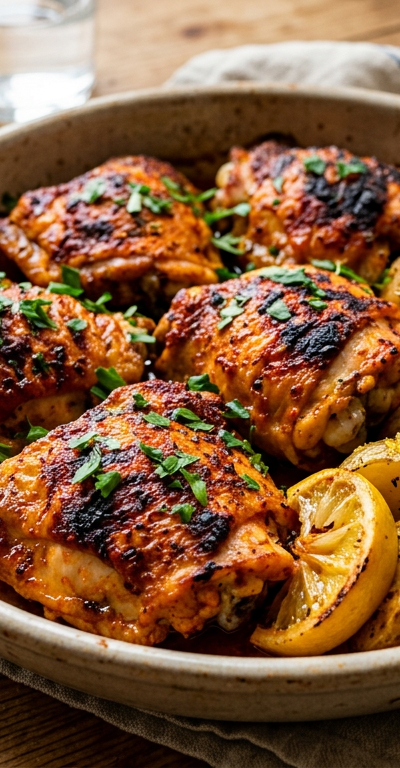 Harissa-Roasted Chicken Thighs with Lemon Potatoes