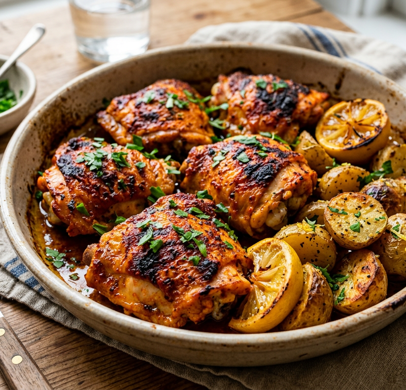 Harissa-Roasted Chicken Thighs with Lemon Potatoes