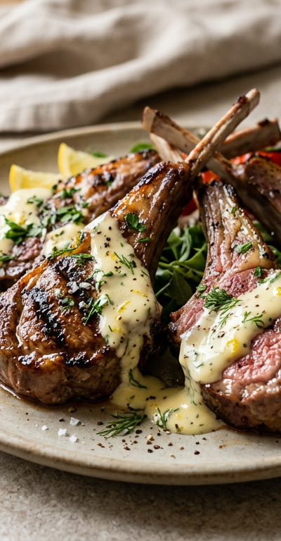 Grilled Lamb Cutlets with Greek Avgolemono Drizzle