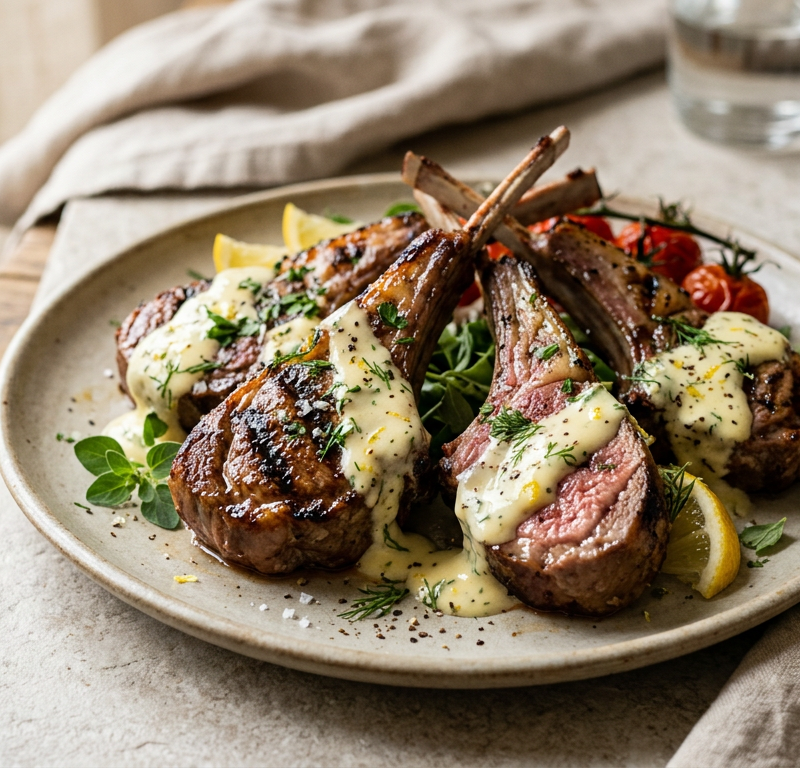 Grilled Lamb Cutlets with Greek Avgolemono Drizzle