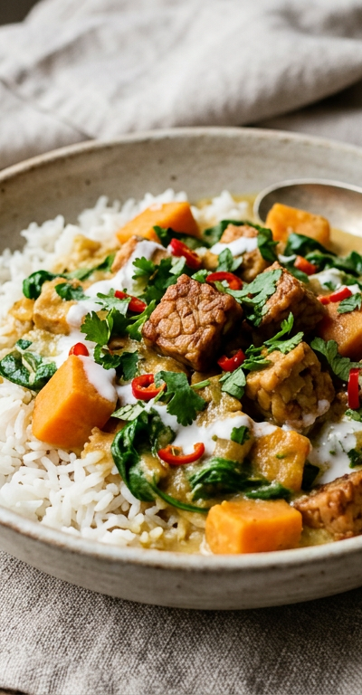 Gentle Coconut Tempeh & Sweet Potato Stew