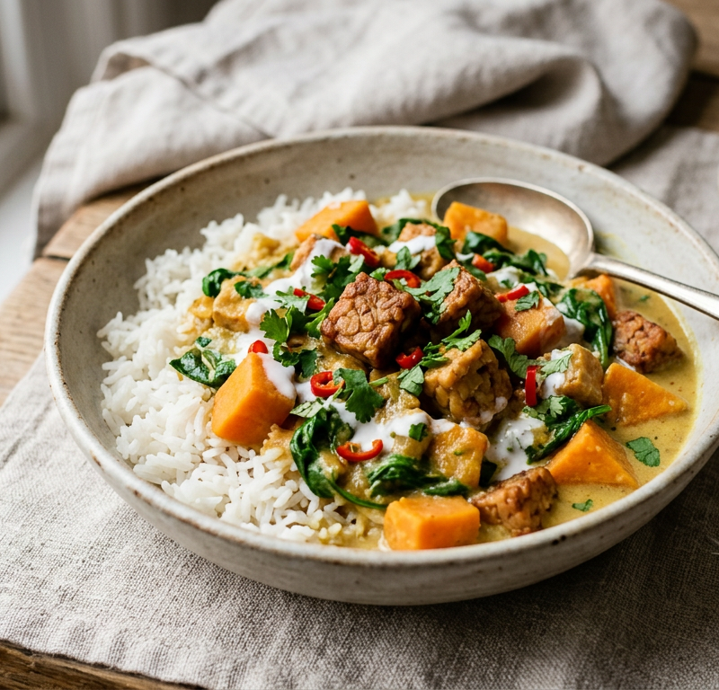 Gentle Coconut Tempeh & Sweet Potato Stew