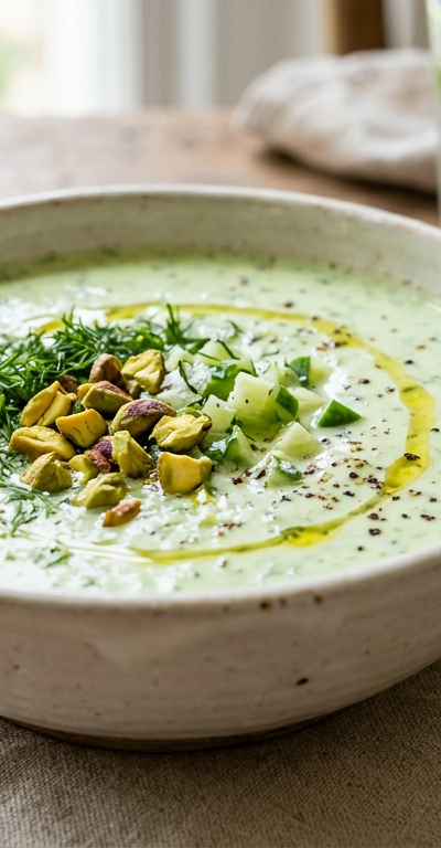 Chilled Cucumber-Yogurt Soup with Dill and Pistachios