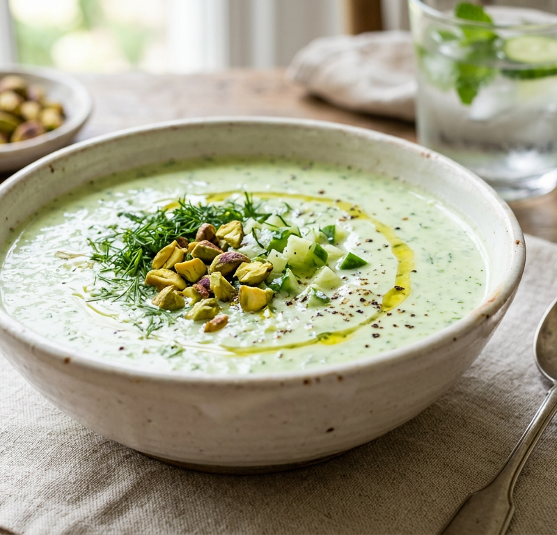 Chilled Cucumber-Yogurt Soup with Dill and Pistachios