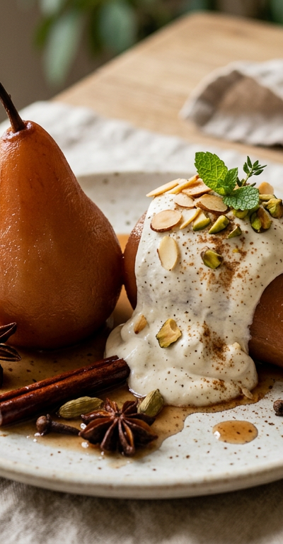 Spiced Poached Pears with Cardamom Cream