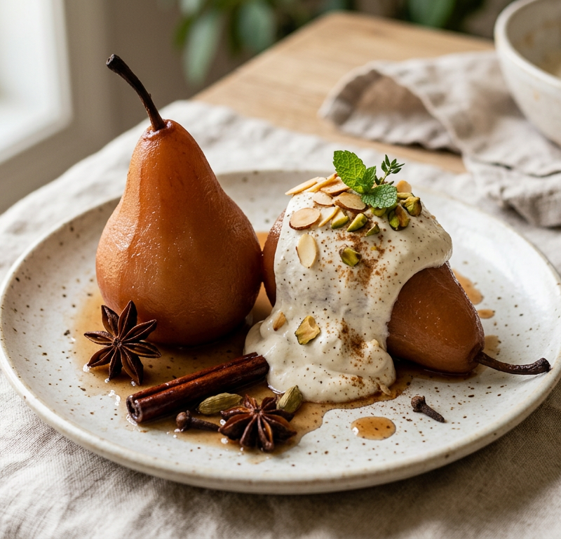 Spiced Poached Pears with Cardamom Cream