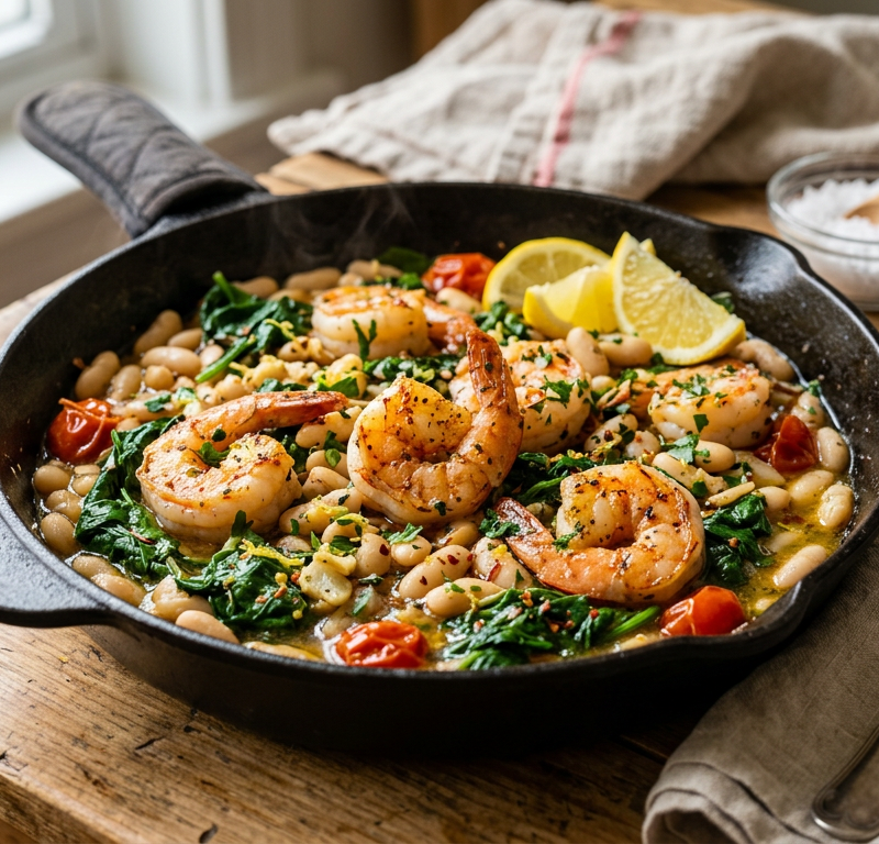 Garlicky Shrimp and White Bean Skillet with Spinach and Lemon