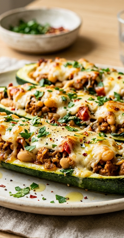 Spicy Garlic Turkey and White Bean Stuffed Zucchini Boats