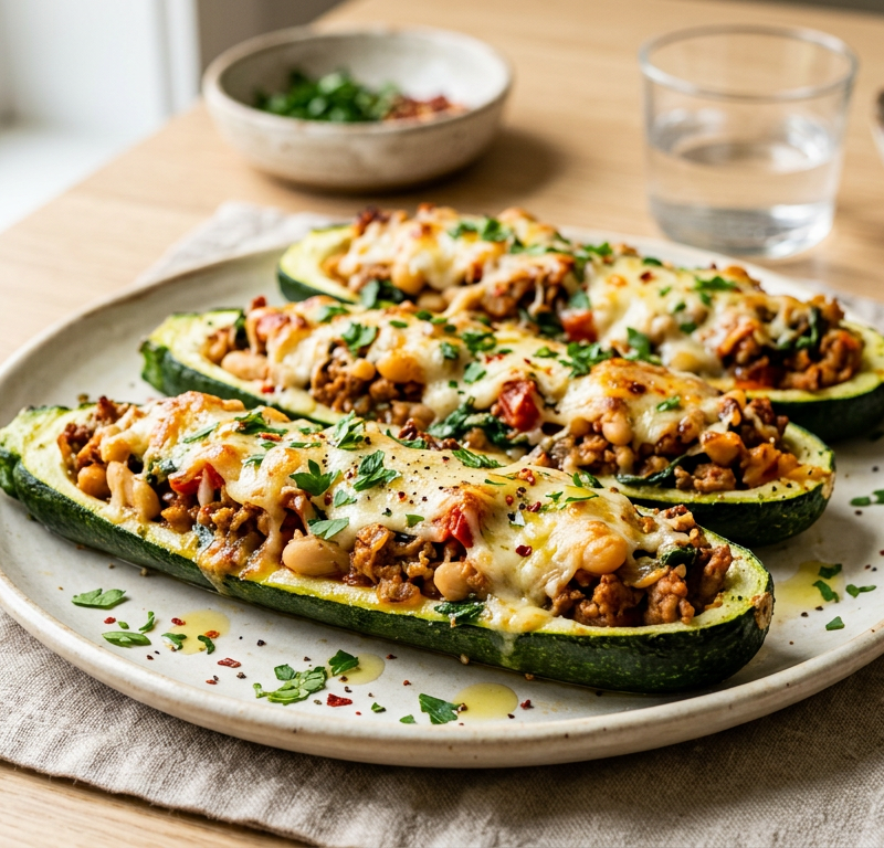 Spicy Garlic Turkey and White Bean Stuffed Zucchini Boats