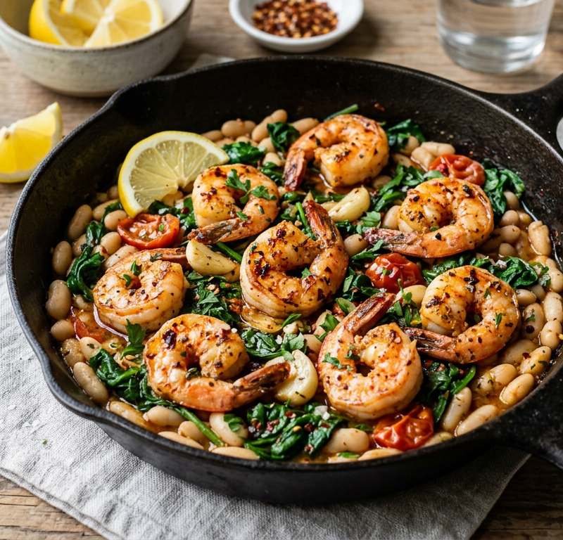 Garlic-Chili Shrimp and White Bean Spinach Skillet