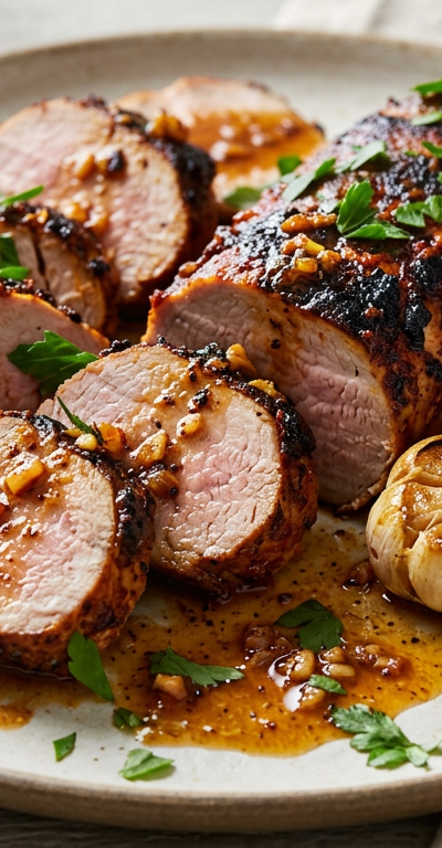Harissa-Rubbed Pork Tenderloin with Roasted Garlic Jus