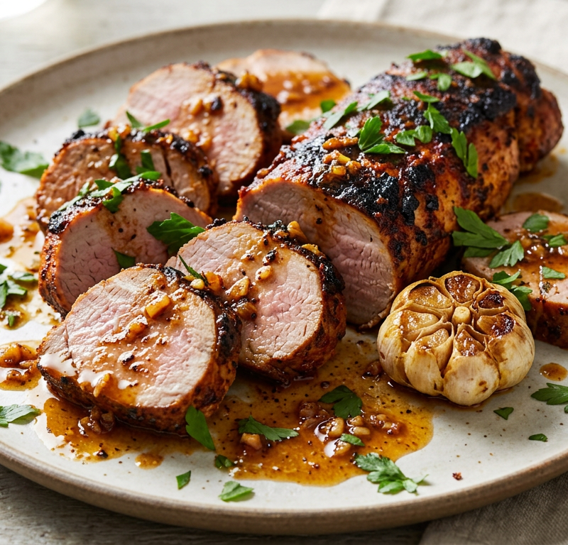 Harissa-Rubbed Pork Tenderloin with Roasted Garlic Jus