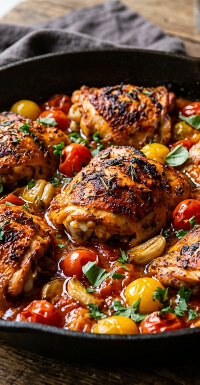 Harissa Garlic Chicken Thighs with Blistered Tomatoes
