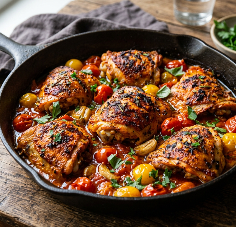 Harissa Garlic Chicken Thighs with Blistered Tomatoes