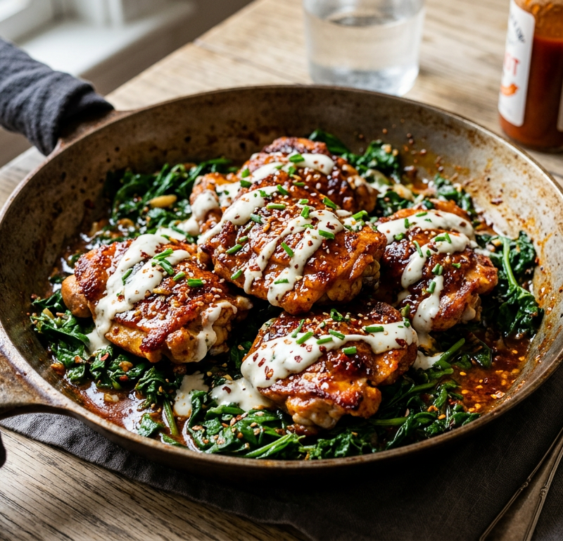 Hot Honey Buffalo Chicken Skillet with Creamy Yogurt Drizzle