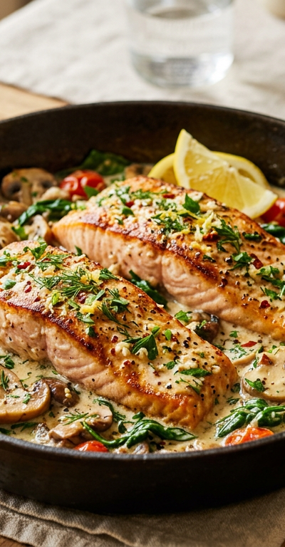 Garlic Mustard Salmon & Mushroom Skillet with Light Cream Sauce