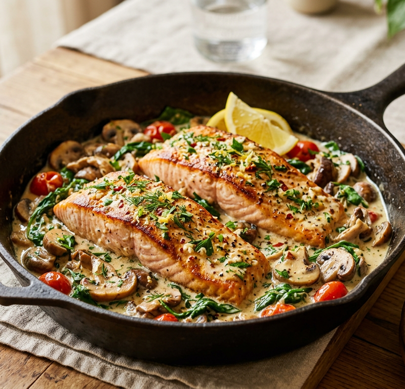 Garlic Mustard Salmon & Mushroom Skillet with Light Cream Sauce