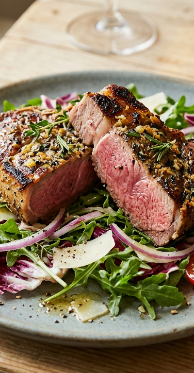 Garlic-Herb Crusted Lamb Chops with Arugula Salad
