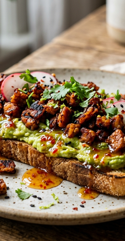 Loaded Vegan Breakfast Avocado Toast with Smoky Tempeh Bacon Bits