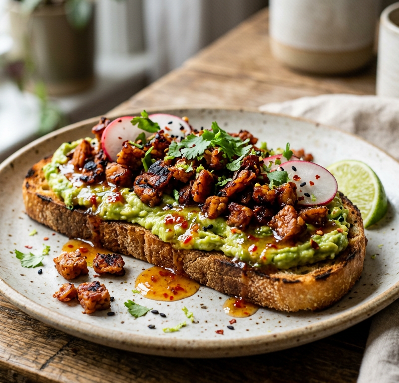 Loaded Vegan Breakfast Avocado Toast with Smoky Tempeh Bacon Bits
