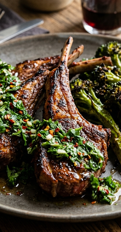 Grilled Lamb Chops with Chimichurri & Charred Broccoli