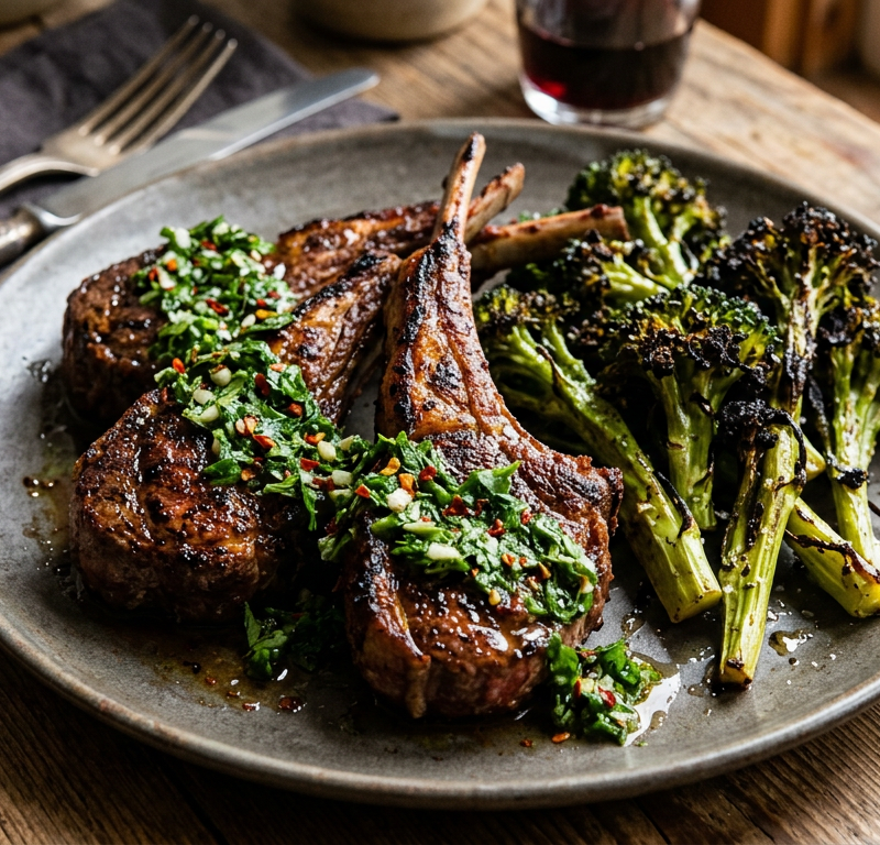Grilled Lamb Chops with Chimichurri & Charred Broccoli