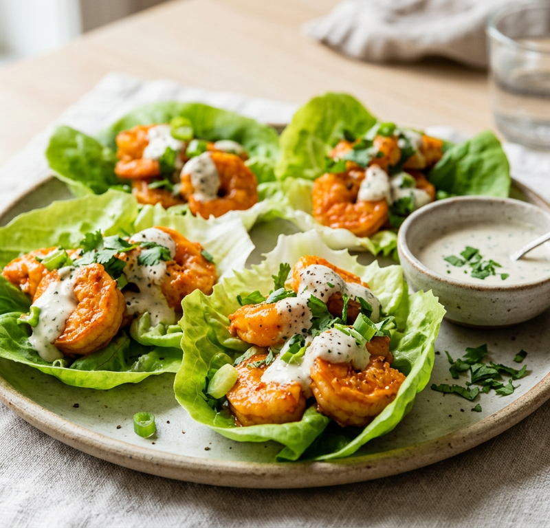 Buffalo Shrimp Lettuce Cups with Dairy-Free Ranch