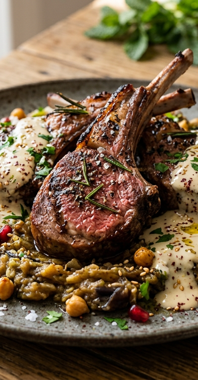 Pan-Seared Lamb Chops with Charred Eggplant and Tahini