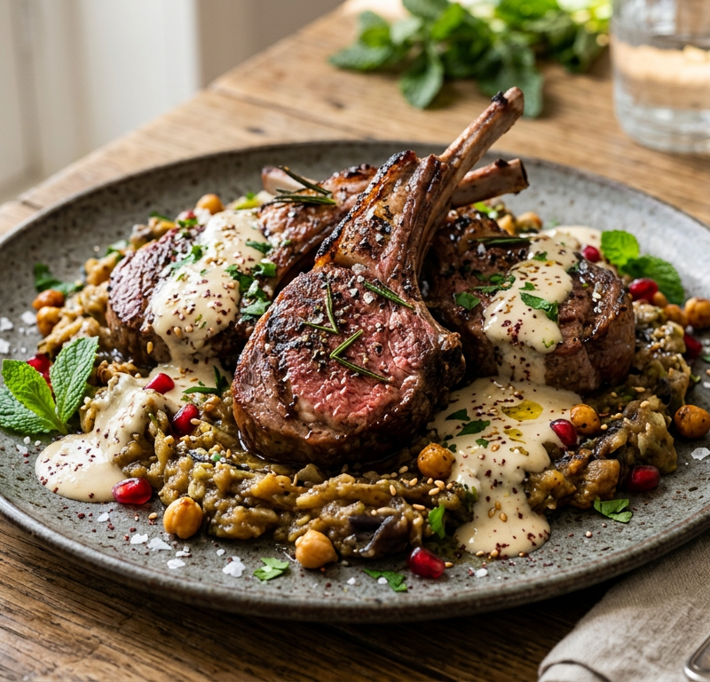 Pan-Seared Lamb Chops with Charred Eggplant and Tahini