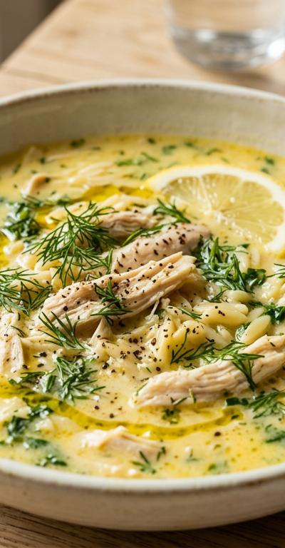 Greek Lemon Chicken Soup with Orzo & Dill