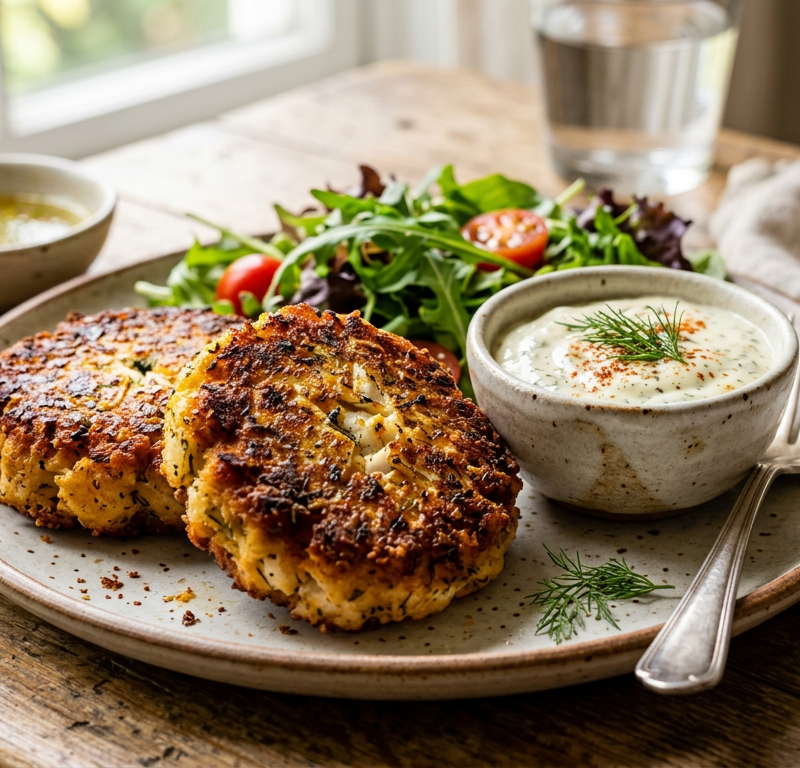 Crispy Feta-less Fish Cakes with Dill Aioli